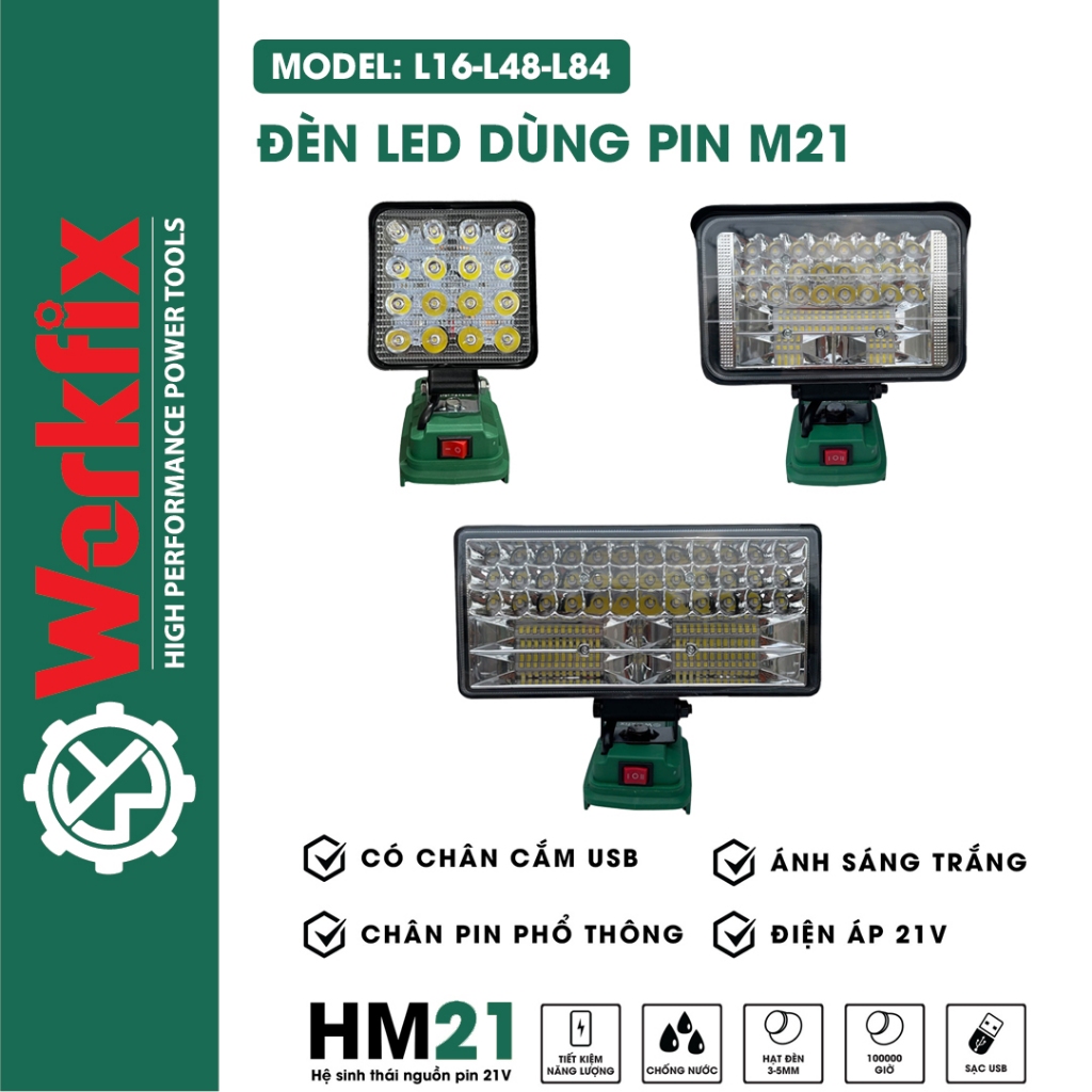 Thân đèn pin LED WORKFIX 27W, 72W, 90W siêu sáng, sử dụng chân pin phổ thông 4cm