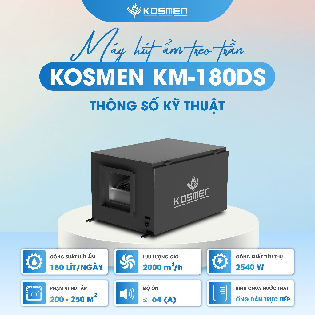 Ảnh Máy Hút Ẩm Âm Trần Kosmen KM-180DS Công Suất 180 lít/ngày - Hàng Chính Hãng BH 24 tháng 2
