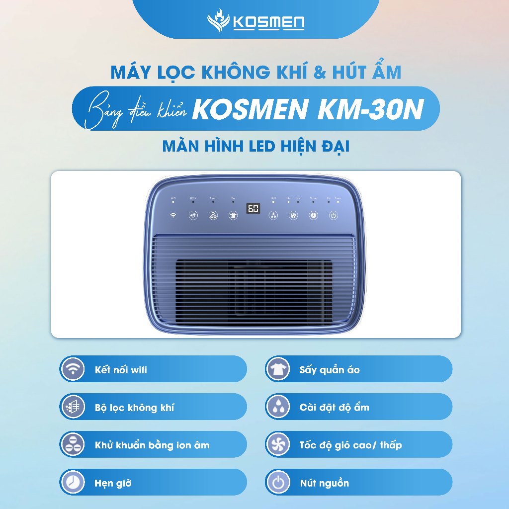 Ảnh Máy Lọc Không Khí Và Hút Ẩm Kosmen KM-30N, Lọc Chuyên Sâu, Kết Nối Wifi Bằng App - Hàng Chính Hãng 3