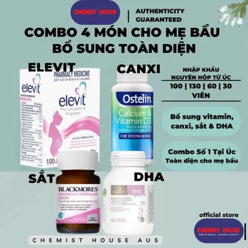 Combo Vitamin Cho Mẹ Bầu Chuẩn Úc - Elevit bầu tổng hợp 100V + DHA bầu 60V + Canxi Ostelin 130V + Sắt 30V