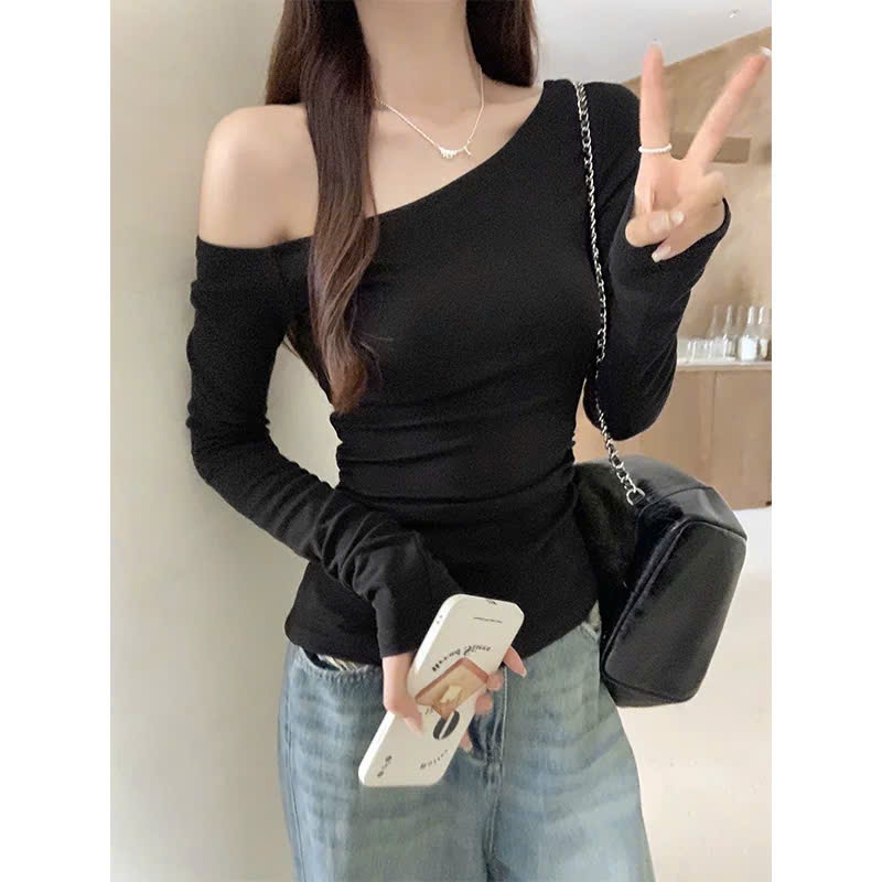 Áo Lệch Vai Kiểu Dài Tay Triết Eo Ôm Body Siêu Quyến Rũ Vải Tăm Lông Thỏ Dày Dặn Mịn Màng m126