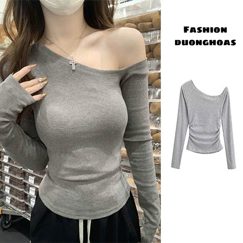 Áo Lệch Vai Kiểu Dài Tay Triết Eo Ôm Body Siêu Quyến Rũ Vải Tăm Lông Thỏ Dày Dặn Mịn Màng m126
