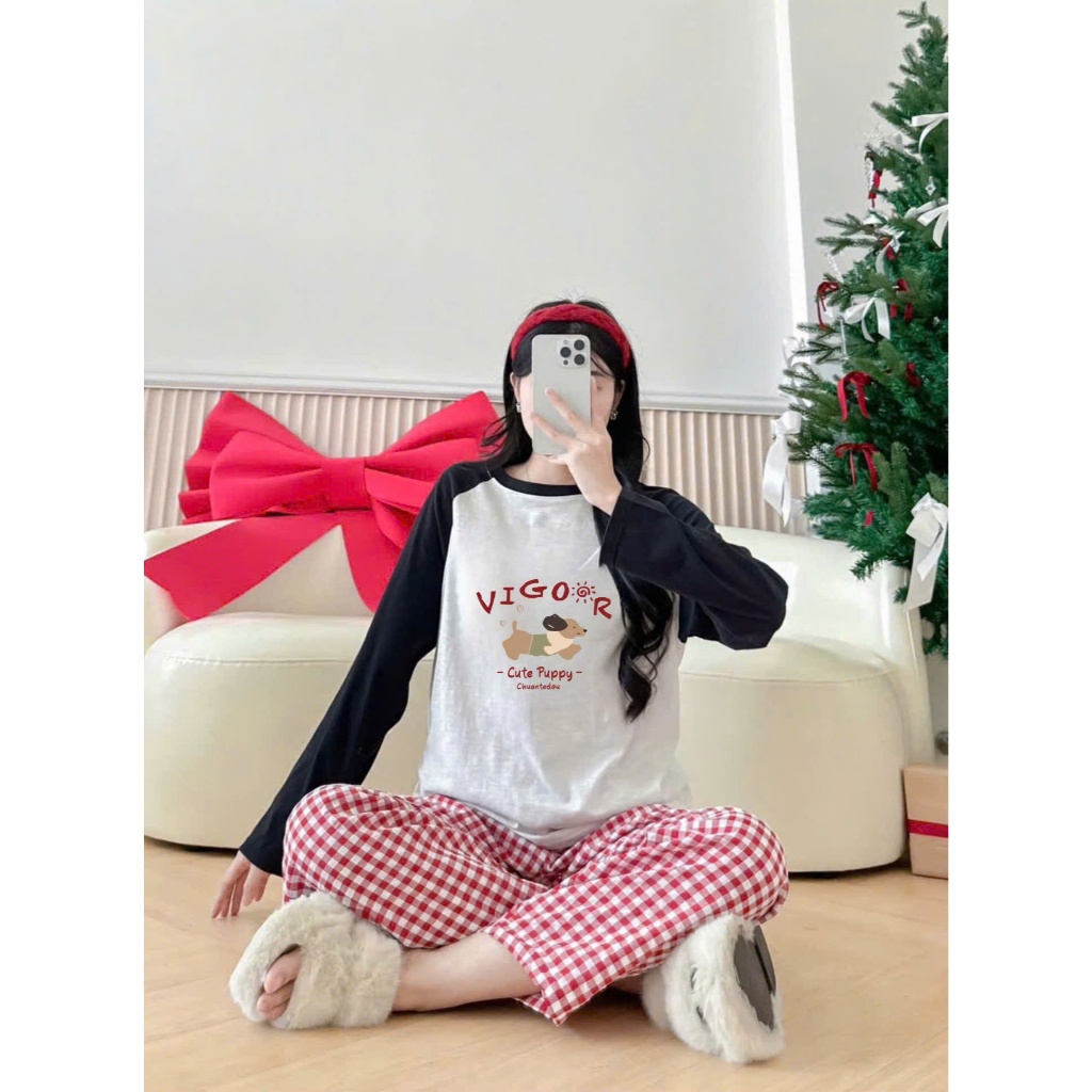 Sét Bộ Nữ dài tay Thu Đông JULY FASHION, Đồ bộ nữ mặc nhà, mặc ngủ quần dài, áo dài tay phối màu Ragan in hình Thun Xươt