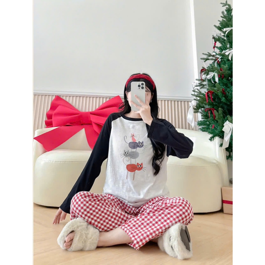 Sét Bộ Nữ dài tay Thu Đông JULY FASHION, Đồ bộ nữ mặc nhà, mặc ngủ quần dài, áo dài tay phối màu Ragan in hình Thun Xươt