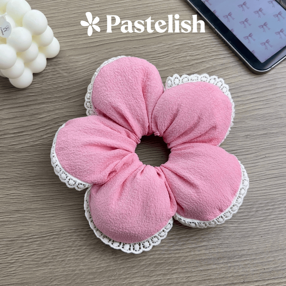 Scrunchies Bông Hoa 5 cánh phối ren, chần bông mịn bên trong, dây buộc tóc 3 chiều vải xốp phồng, phong cách Hàn Quốc