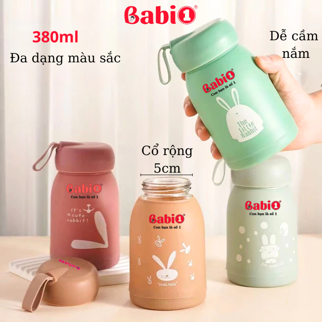 Bình Trữ Sữa, Bình Nước Giữ Nhiệt Lõi Thuỷ Tinh Babi1 2in1, Cổ Rộng Bọc Plastic 380ml Cho Mẹ Và Bé