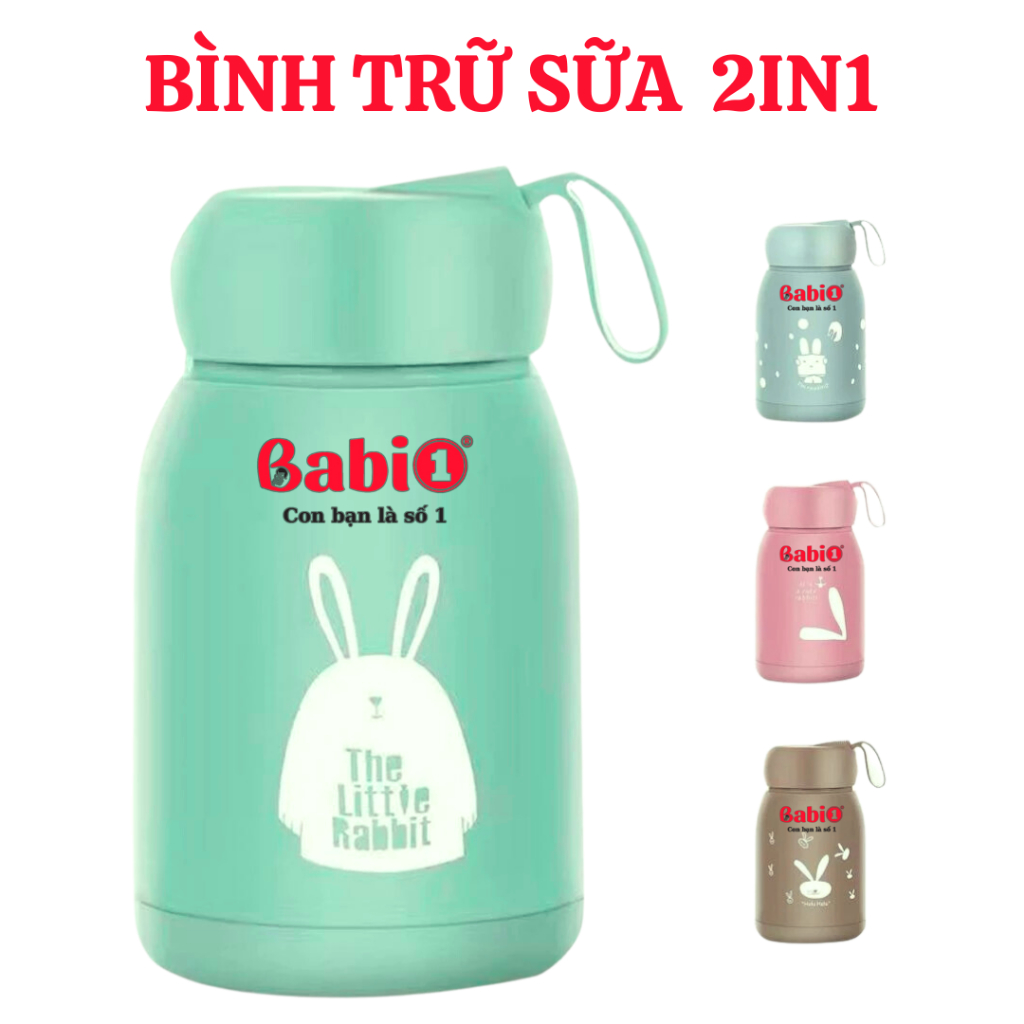 Bình Trữ Sữa, Bình Nước Giữ Nhiệt Lõi Thuỷ Tinh Babi1 2in1, Cổ Rộng Bọc Plastic 380ml Cho Mẹ Và Bé