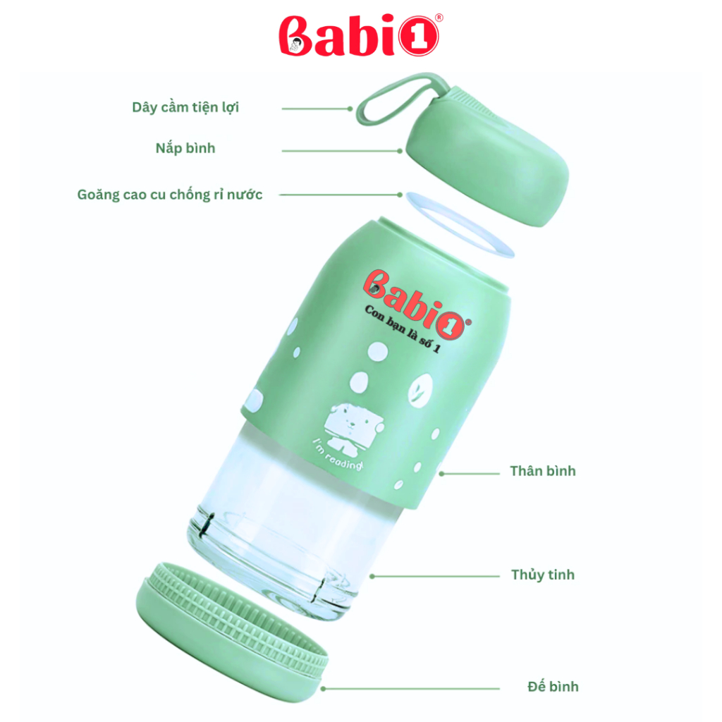 Bình Trữ Sữa, Bình Nước Giữ Nhiệt Lõi Thuỷ Tinh Babi1 2in1, Cổ Rộng Bọc Plastic 380ml Cho Mẹ Và Bé