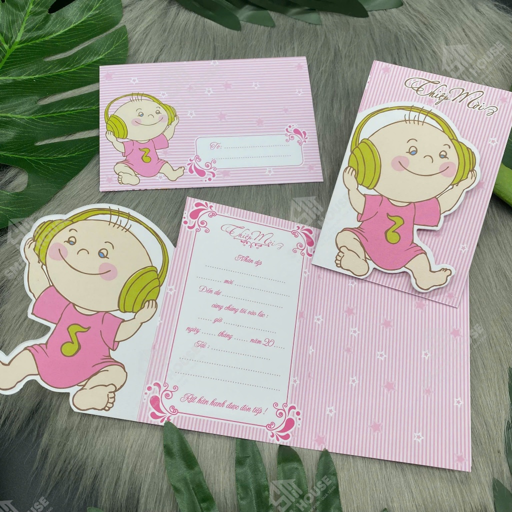 Thiệp mời sinh nhật 3 Lá ( xấp 4 cái)