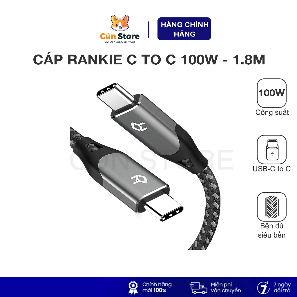 Cáp dù Type C to type C Rankie 5A công suất 100W dài 1.8m, sạc nhanh PD ...