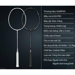 Vợt Cầu Lông KP K520 Pro Full Carbon 4U G5 Căng Sẵn Từ 10kg -12.5kg+ Tặng Kèm Cuốn Cán Và Túi Vải