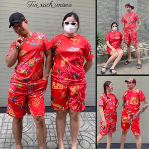 Đồ Mặc Nhà Nam Nữ ,Set bộ đi chơi In Hoa Lá Cành Chúc Tết Con Công Khăn Trải Bàn Đỏ -UNISEX Kl1