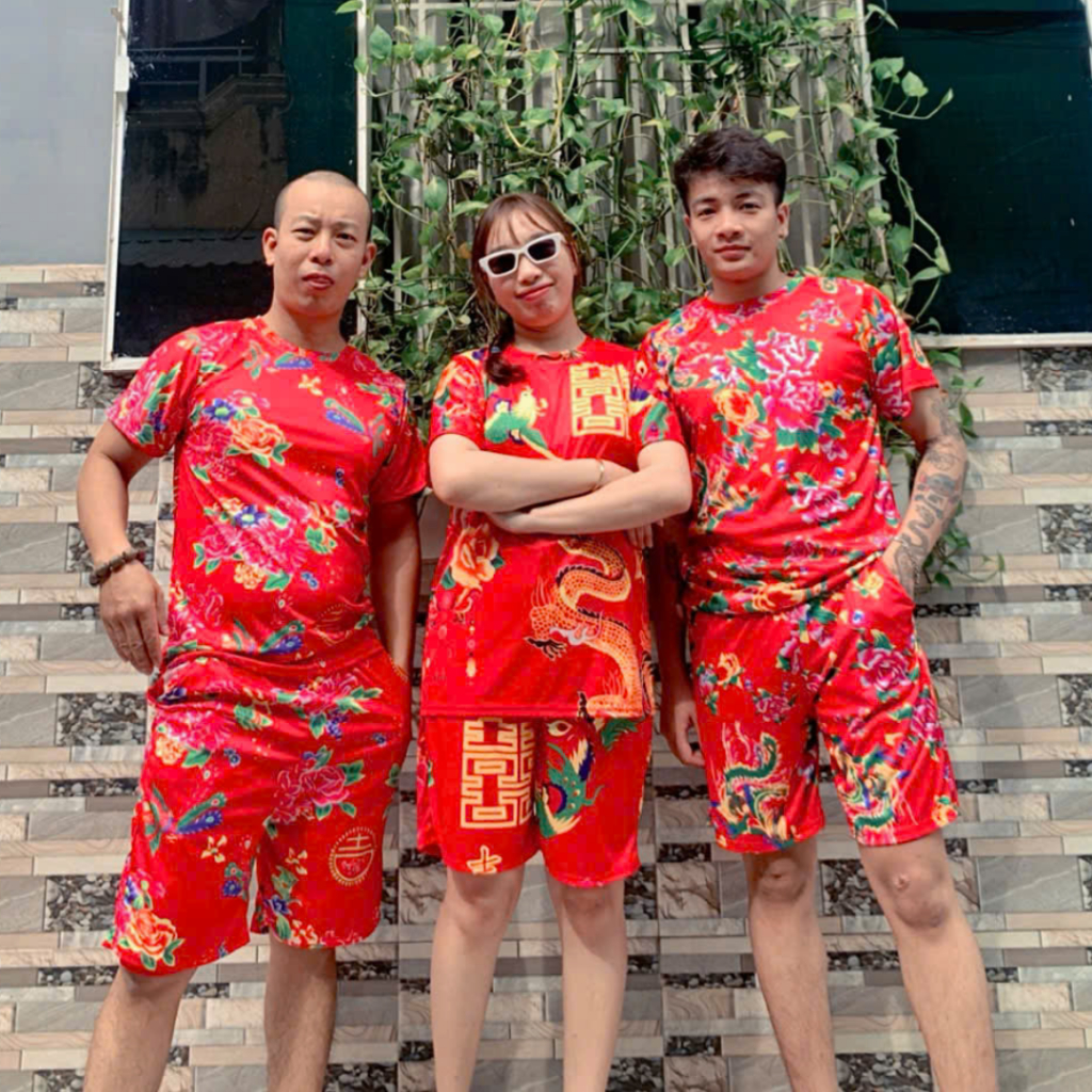 Đồ Mặc Nhà Nam Nữ ,Set bộ đi chơi In Hoa Lá Cành Chúc Tết Con Công Khăn Trải Bàn Đỏ -UNISEX Kl1