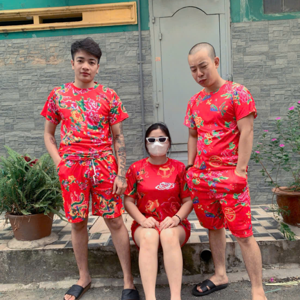Đồ Mặc Nhà Nam Nữ ,Set bộ đi chơi In Hoa Lá Cành Chúc Tết Con Công Khăn Trải Bàn Đỏ -UNISEX Kl1