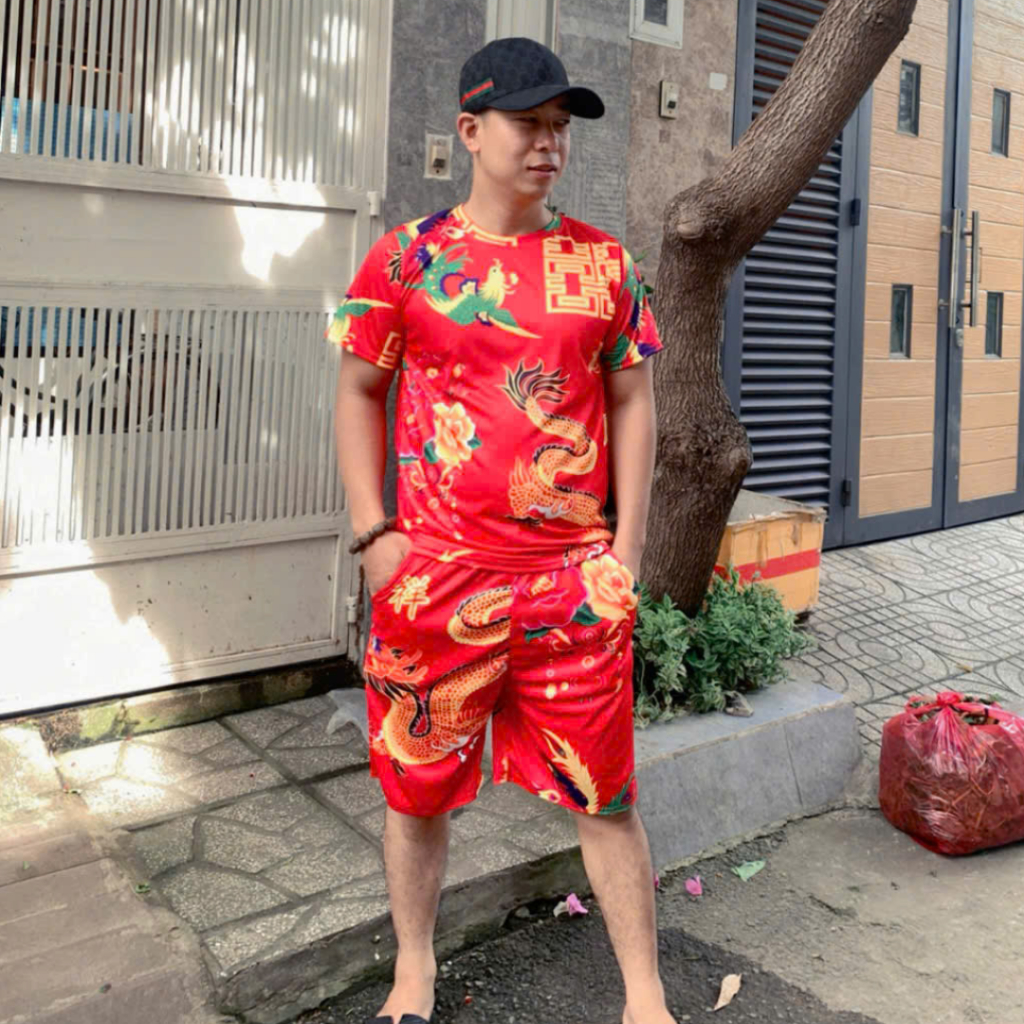 Đồ Mặc Nhà Nam Nữ ,Set bộ đi chơi In Hoa Lá Cành Chúc Tết Con Công Khăn Trải Bàn Đỏ -UNISEX Kl1