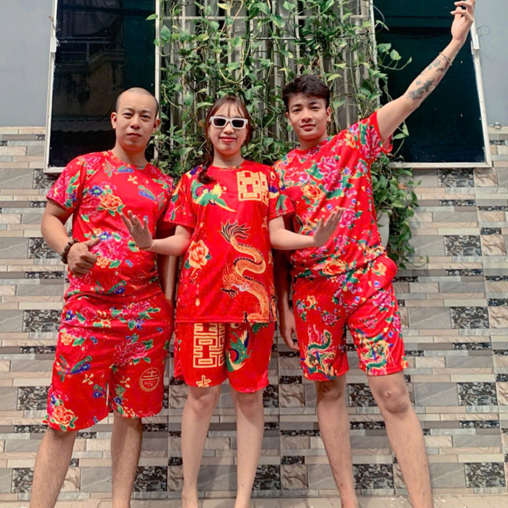 Đồ Mặc Nhà Nam Nữ ,Set bộ đi chơi In Hoa Lá Cành Chúc Tết Con Công Khăn Trải Bàn Đỏ -UNISEX Kl1