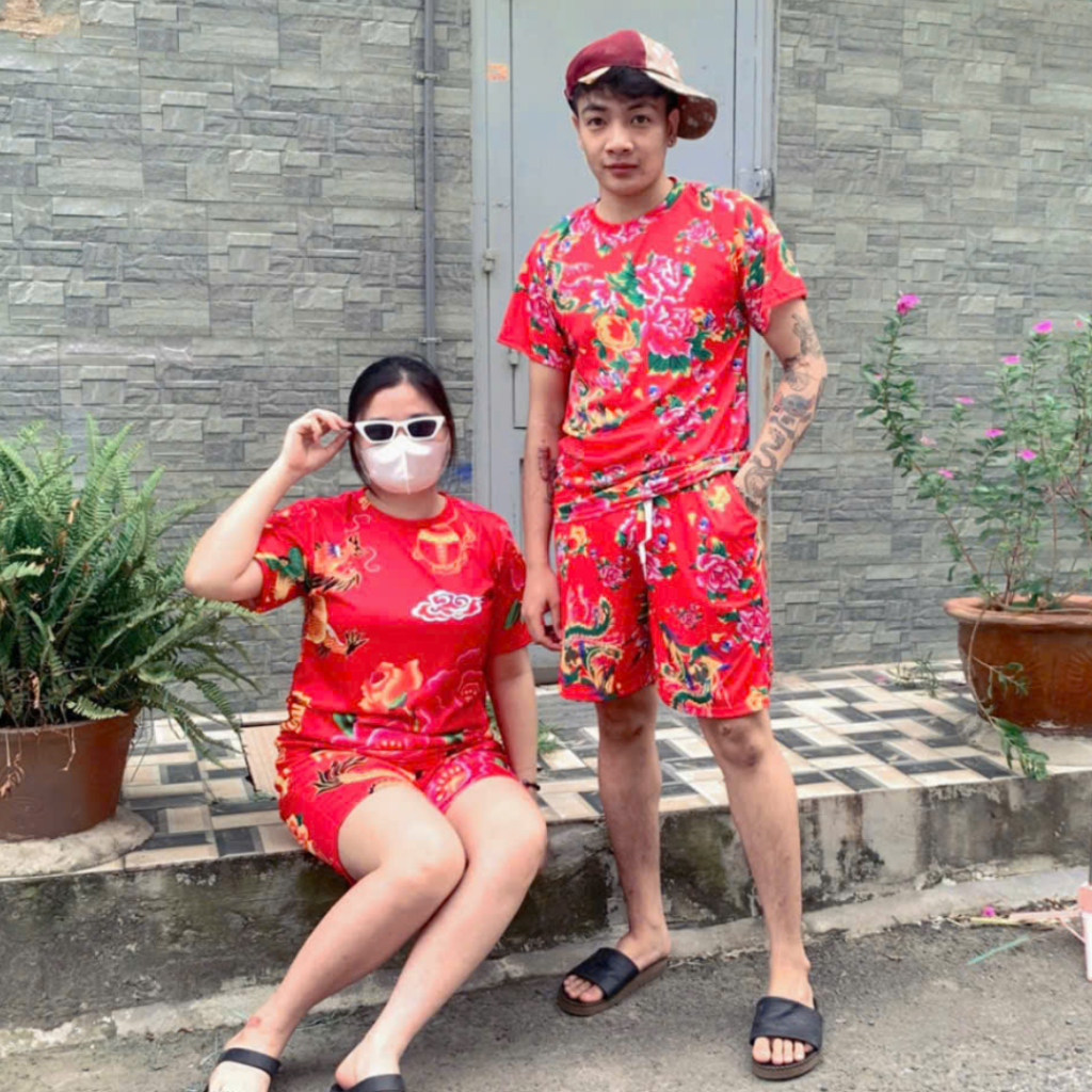 Đồ Mặc Nhà Nam Nữ ,Set bộ đi chơi In Hoa Lá Cành Chúc Tết Con Công Khăn Trải Bàn Đỏ -UNISEX Kl1