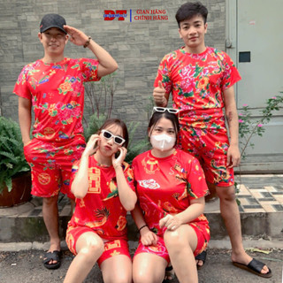 Đồ bộ đùi hoa lá cành con công đỏ chúc tết khăn trải bàn đỏ in hình rộng triện họa tiết size 40-95kg KL2
