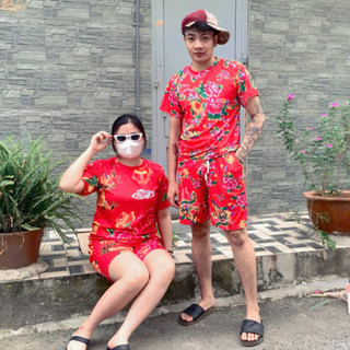 Đồ bộ đùi hoa lá cành con công đỏ chúc tết khăn trải bàn đỏ in hình rộng triện họa tiết size 40-95kg KL2