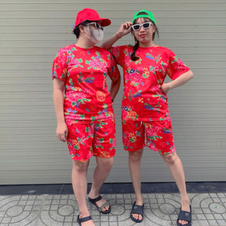 Đồ bộ đùi hoa lá cành con công đỏ chúc tết khăn trải bàn đỏ in hình rộng triện họa tiết size 40-95kg KL2