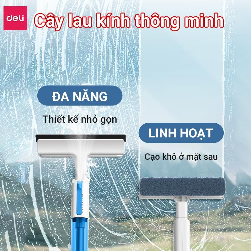 [TẶNG KÈM GIẺ LAU] Cây Lau Kính Thông Minh Deli - Phun Sương, Gạt Nước Cán Dài 126Cm, Xịt Nước Tiện Lợi, Đầu Xoay 90 Độ