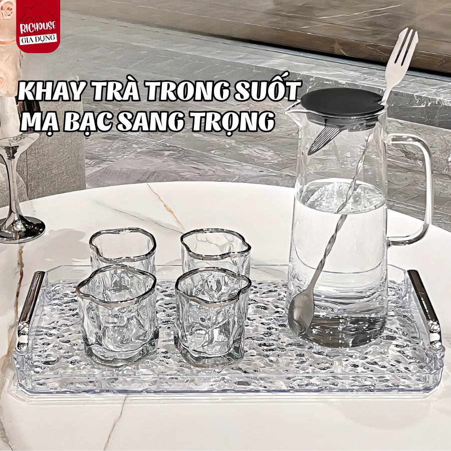 Khay Đựng Đồ Trong Suốt Nhựa Acrylic Cứng Cáp, Khay Úp Ly Cốc Có Tay Cầm Mạ Bạc Decor Siêu Đẹp