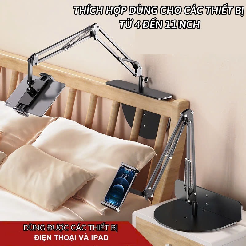 Giá đỡ điện thoại, ipad 2in1 treo đầu giường, để bàn, đứng sàn hợp kim nhôm chỉnh xoay 360 đa năng quay video, giải trí
