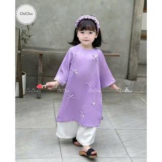 Áo dài Tết 2025 Đính Nơ Dễ Thương Cho Bé Gái 1-7T (9-27kg) Lụa Ngọc Trai Loại 1 - Kèm Khăn Quàng N0137 BUNNYKIDS