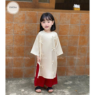 Áo dài Tết 2025 Đính Nơ Dễ Thương Cho Bé Gái 1-7T (9-27kg) Lụa Ngọc Trai Loại 1 - Kèm Khăn Quàng N0137 BUNNYKIDS