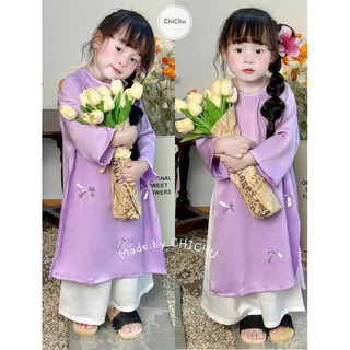Áo dài Tết 2025 Đính Nơ Dễ Thương Cho Bé Gái 1-7T (9-27kg) Lụa Ngọc Trai Loại 1 - Kèm Khăn Quàng N0137 BUNNYKIDS