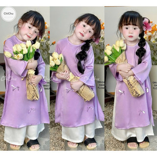 Áo dài Tết 2025 Đính Nơ Dễ Thương Cho Bé Gái 1-7T (9-27kg) Lụa Ngọc Trai Loại 1 - Kèm Khăn Quàng N0137 BUNNYKIDS