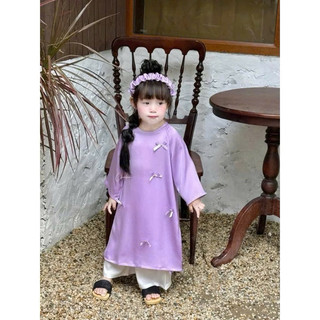 Áo dài Tết 2025 Đính Nơ Dễ Thương Cho Bé Gái 1-7T (9-27kg) Lụa Ngọc Trai Loại 1 - Kèm Khăn Quàng N0137 BUNNYKIDS
