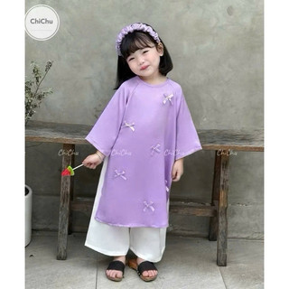Áo dài Tết 2025 Đính Nơ Dễ Thương Cho Bé Gái 1-7T (9-27kg) Lụa Ngọc Trai Loại 1 - Kèm Khăn Quàng N0137 BUNNYKIDS