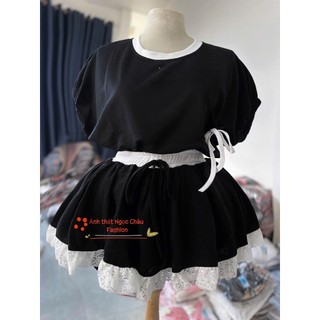 Set đồ nữ áo cánh dơi đính nơ+chân váy bí xòe phối ren có quần trong lưng thun <55kg