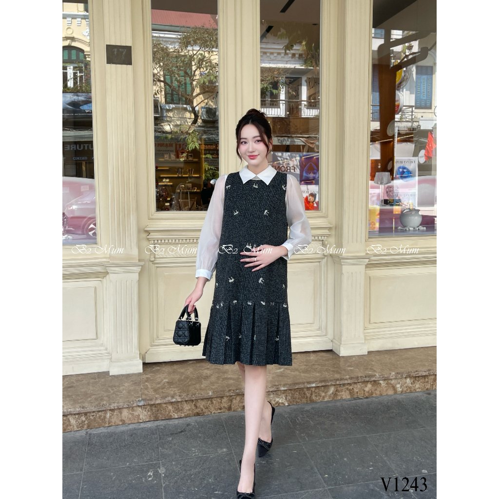 Yếm Dạ Bầu Thêu Nơ Sang Trọng - Dành Cho Mẹ Bầu Thêm Phần Tự Tin V1243 Mix cùng áo sơ mi A378 thiết kế by B2MUM