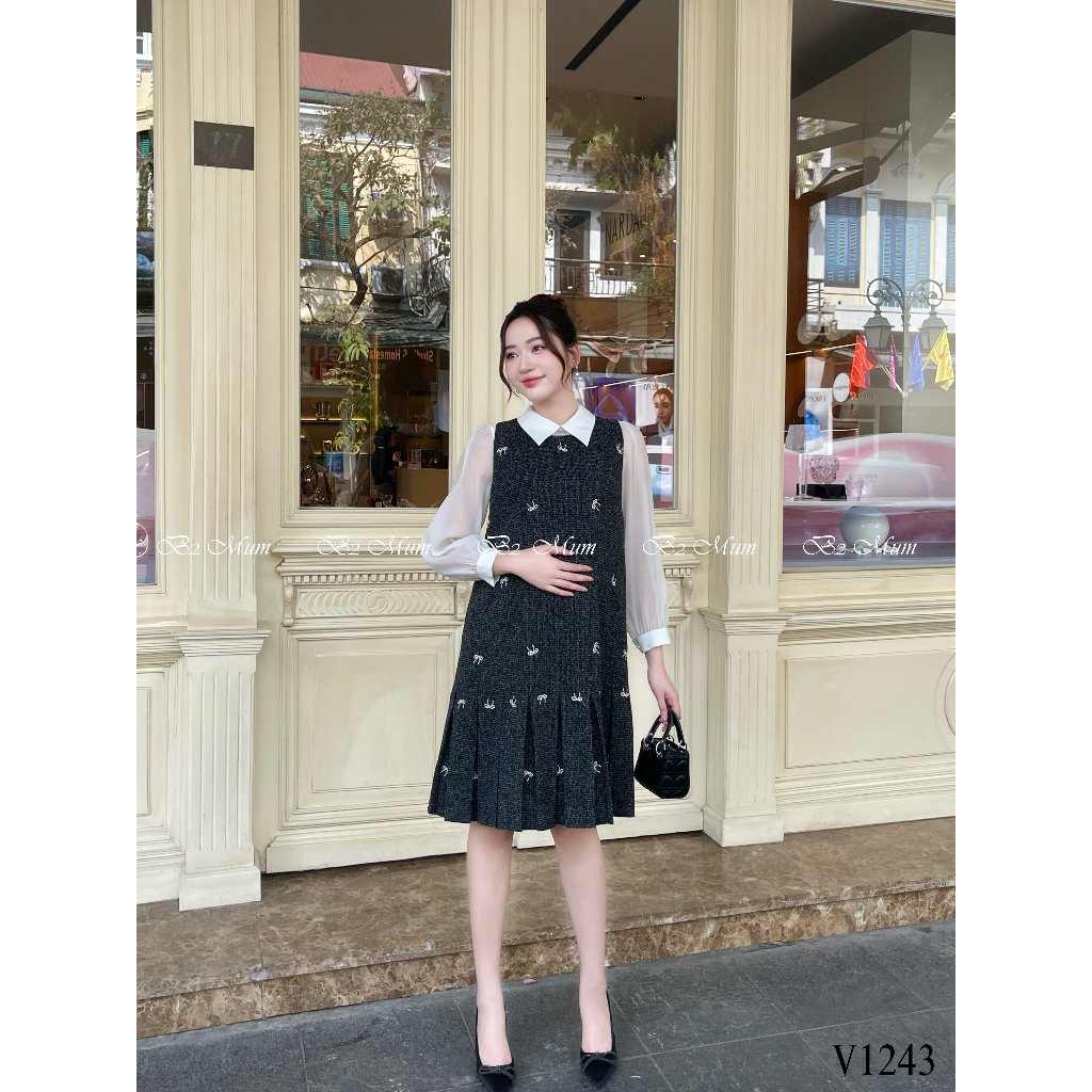 Yếm Dạ Bầu Thêu Nơ Sang Trọng - Dành Cho Mẹ Bầu Thêm Phần Tự Tin V1243 Mix cùng áo sơ mi A378 thiết kế by B2MUM
