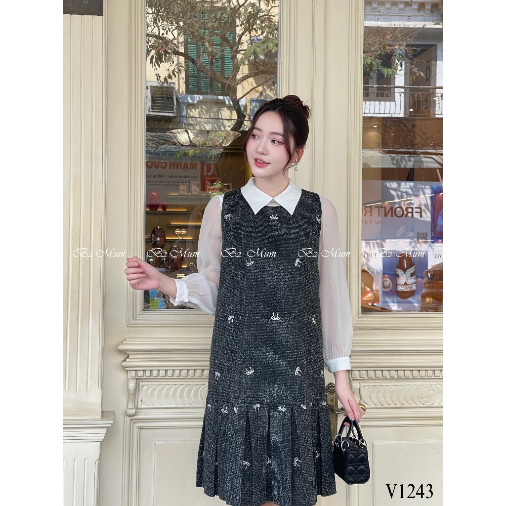 Yếm Dạ Bầu Thêu Nơ Sang Trọng - Dành Cho Mẹ Bầu Thêm Phần Tự Tin V1243 Mix cùng áo sơ mi A378 thiết kế by B2MUM