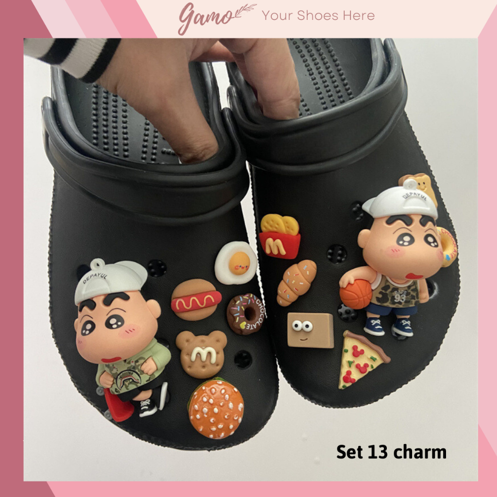 Bộ 13 Sticker Charm 3D chủ đề chú bé Shin nhựa cứng DIY gắn Dép Cross ...