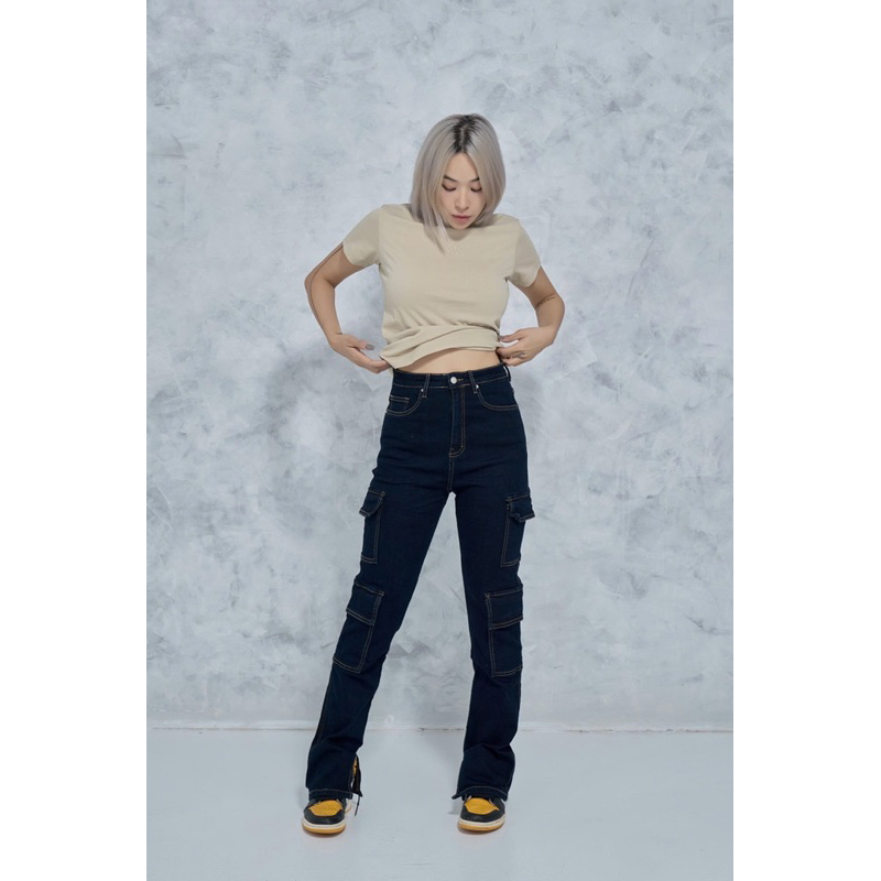 MIDDUA - KGM01 Quần ống đứng denim nữ dáng slim, phối nhiều túi