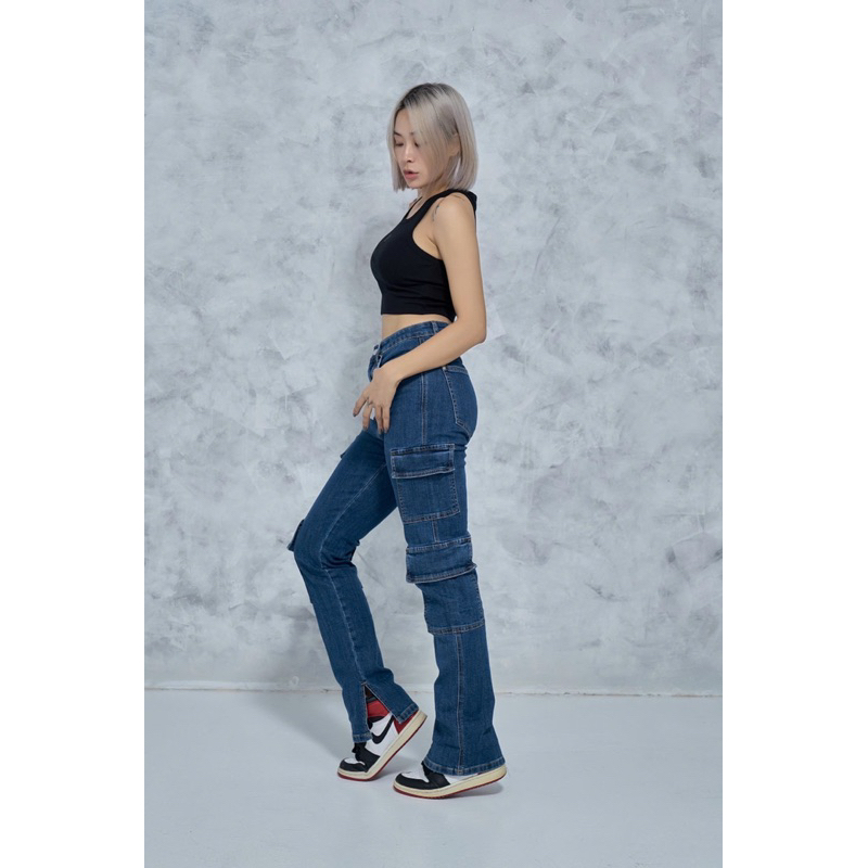 MIDDUA - KGM01 Quần ống đứng denim nữ dáng slim, phối nhiều túi