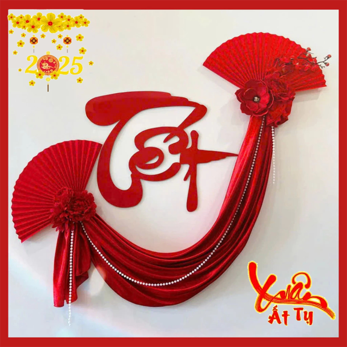 Combo Chữ Tết - Vải Nhung Đỏ - Quạt Đỏ - Dây Hạt Ngọc - Kèm Hoa Treo ...