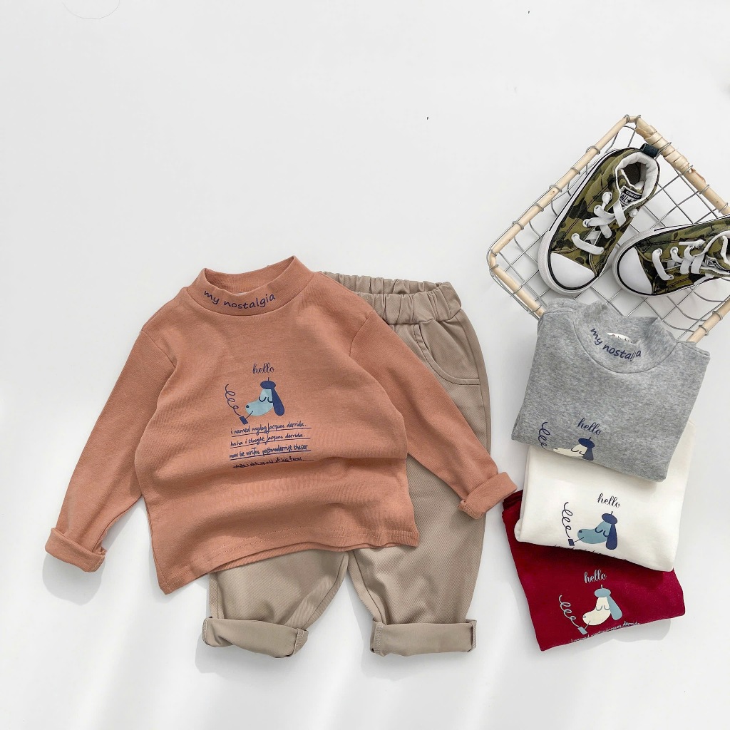 Áo thu đông cho bé cổ cao, chất cotton in hình chú cún mix quần kaki dài cho bé đi học đi chơi Miniumbabyfashion A2143