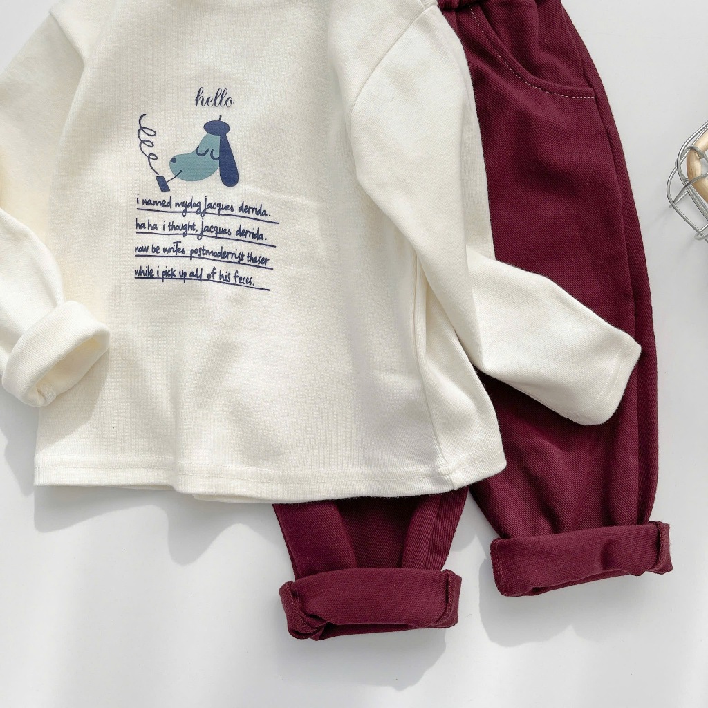 Áo thu đông cho bé cổ cao, chất cotton in hình chú cún mix quần kaki dài cho bé đi học đi chơi Miniumbabyfashion A2143