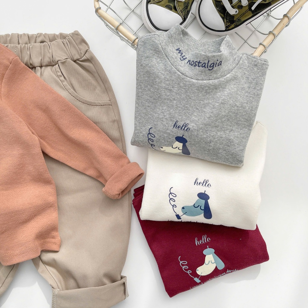 Áo thu đông cho bé cổ cao, chất cotton in hình chú cún mix quần kaki dài cho bé đi học đi chơi Miniumbabyfashion A2143