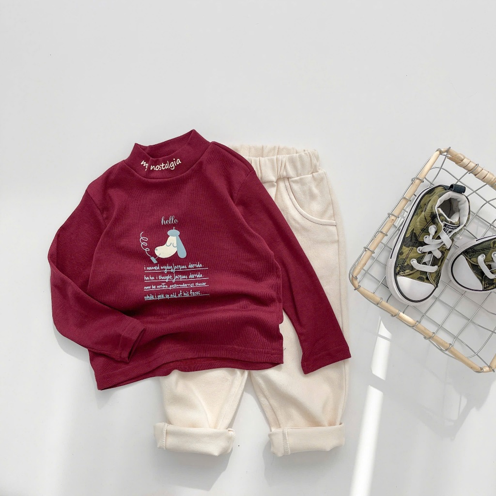Áo thu đông cho bé cổ cao, chất cotton in hình chú cún mix quần kaki dài cho bé đi học đi chơi Miniumbabyfashion A2143
