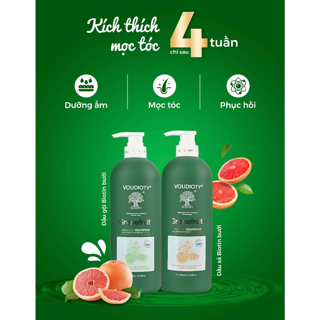 Cặp Dầu Gội Xả Bưởi Biotin Voudioty 500ML - 1000ML Giúp giảm rụng tóc, kích mọc, phục hồi tóc hư tổn