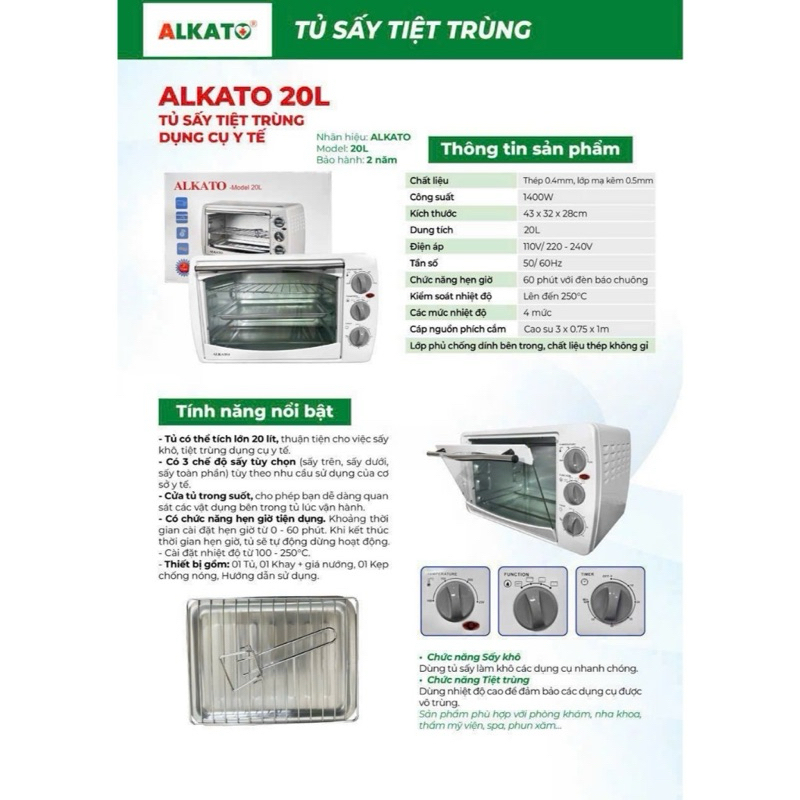Tủ sấy tiệt trùng dụng cụ y tế Alkato 20 lít