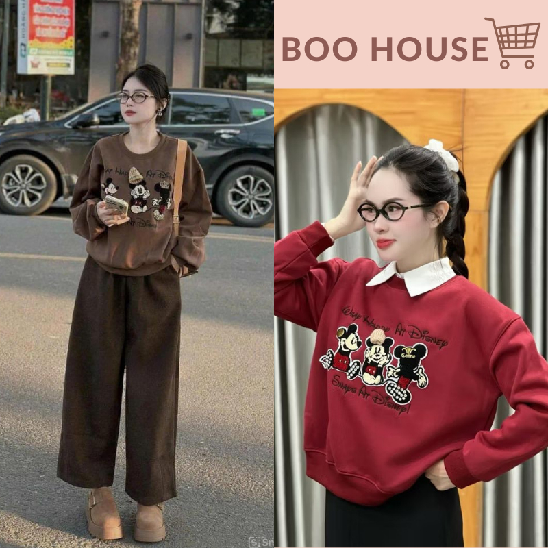 Áo sweater nữ, áo nỉ nữ lót bông in hình mickey dễ thương 4 màu basic ...