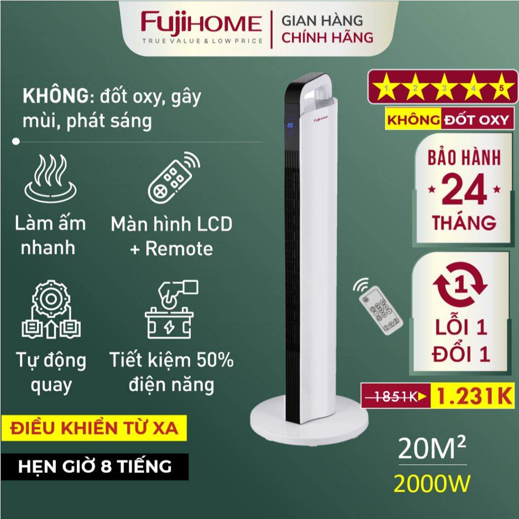 Máy sưởi gốm FH2000 Nhập Khẩu FUJIHOME  không khô da điều khiển từ xa, quạt sưởi tiết kiệm điện heater mini