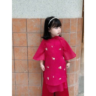 Áo dài đính dây nơ thêu hoa Mozi. Áo dài lụa cao cấp cho bé gái (Shop yêu thích)